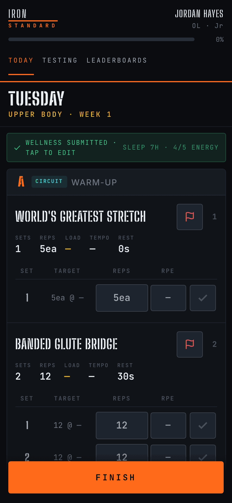 Athlete App — today's workout with set logging and rest timer